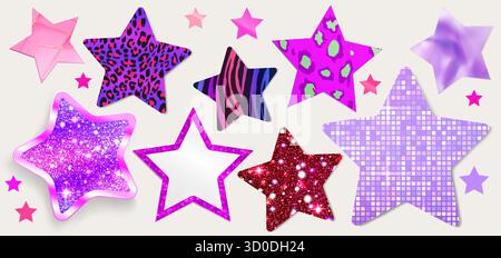 Star collage elements with glitter, leopard print and zebra stripes, polka dots and disco grid patterns for party decorations or scrapbooking. Colorful shapes with sparkles on white background. Stock Vector