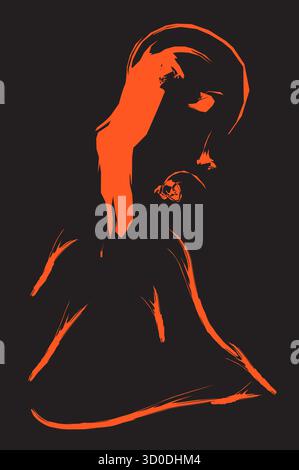 A bold abstract wall art poster featuring a stylized human figure in side profile. Rendered in flowing orange lines on a black background, this minima Stock Vector