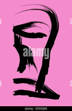 A striking abstract face illustration featuring bold black brush strokes set against a solid pink background. The minimalist design uses expressive li Stock Vector