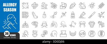 Seasonal allergies thin line icon . disease . Editable stroke . Vector . Stock Vector