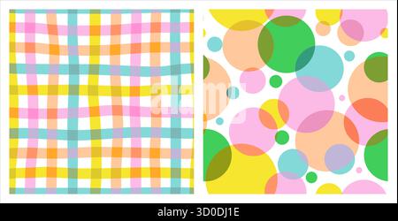 Set of naive vibrant seamless patterns with abstract contemporary circles and checkered print. Minimalistic graphic bauhaus design in vibrant colours. Scandinavian nursery print. Riso effect Stock Vector