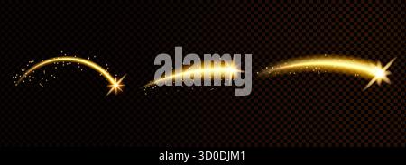 Shooting stars arc light set. Magic golden arch curve lines. Stardust on night sky collection. Meteor with glowing glimmer trail and dust. Vector illu Stock Vector