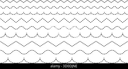 Wave line patterns. Curved corrugated stripes. Dashed squiggle border dividers. Stock Vector
