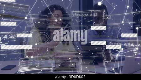 Woman and man interacting with holographic data interface in modern office, notebooks smartphone Stock Photo