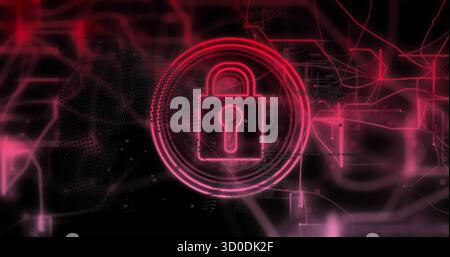 Glowing neon red padlock icon securing digital interface, with concentric rings and network lines Stock Photo