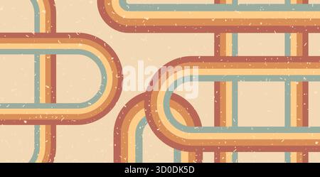 Rainbow chaotic groovy lines path background. Horizontal banner with arch boho stripes abstract pattern. Vector vintage curved underline geometric bac Stock Vector