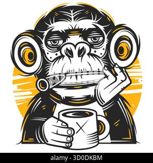 Cute Cartoon Monkey Wearing Sunglasses Holding a Mug of Coffee. Stock Vector