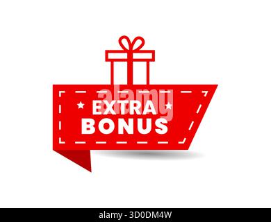 Red extra bonus gift tag with present icon on white background Perfect for promotions sales or reward campaigns Bold text glossy finish Stock Vector