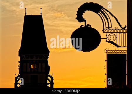 Sunset, Old Town Hall Tower, Passau, Bavaria, Germany Stock Photo