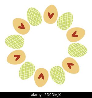 Decorative eggs in shades of yellow and green form a circular pattern. Each egg features a heart design, perfect for spring celebrations or Easter cra Stock Vector