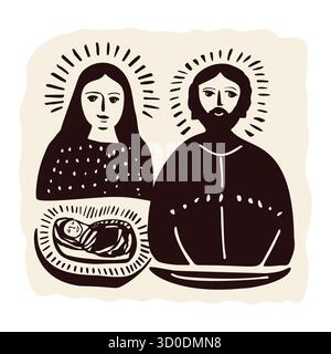 Hand drawn biblical nativity characters m Mary, Joseph and the baby Jesus christ child in crib. Isolated vector icon for christmas ile study character Stock Vector