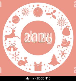 Christmas 2026 greeting card with festive icons and decorative border on pink background vector Stock Vector