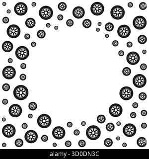 A black and white illustration of an arrangement of tire rims. Vector illustration or banner Stock Vector