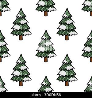 Seamless vector pattern of stylized snow-covered pine trees with a playful, hand-drawn aesthetic. Stock Vector