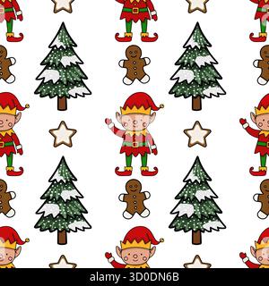 Charming Christmas vector pattern featuring cheerful elves, snow-covered fir trees, gingerbread cookies, and star-shaped cookies on a white background Stock Vector