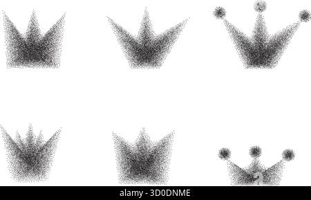 Crown grain noise gradient shapes. Retro y2k stippling simple forms set. Black shade king sign icons isolated on transparent background. Vector spray Stock Vector