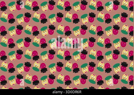 A playful abstract vector pattern featuring stylized faces in green, pink, yellow, and black. Set against a muted beige background, the faces are arra Stock Vector