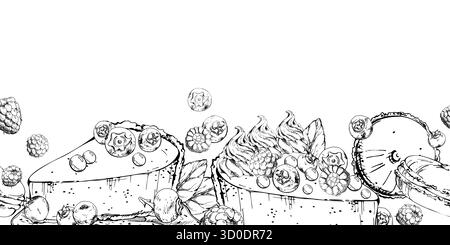 Mousse swirl on creamy cheesecake wedge with mixed berries, macarons and fresh mint. Hand drawn vector ink border for seamless dessert backgrounds Stock Vector