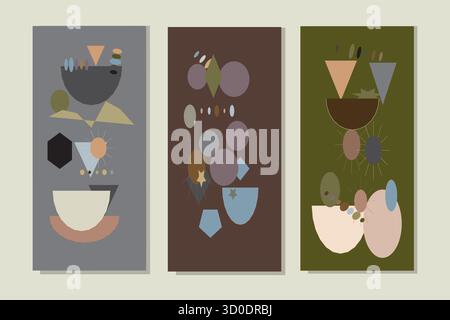 A captivating set of three contemporary abstract art prints featuring minimalist geometric shapes like circles, triangles, and polygons in a harmoniou Stock Vector