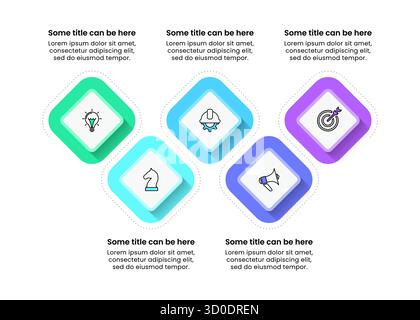 Infographic template with icons and 5 options or steps. Connected squares. Can be used for workflow layout, diagram, banner, webdesign. Vector illustr Stock Vector