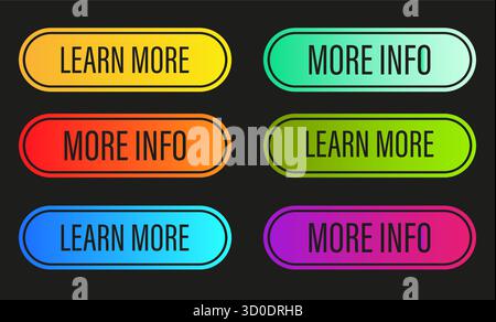 Learn more button icon. More info sticker. Website navigation buttons. Vector elements pack. Stock Vector