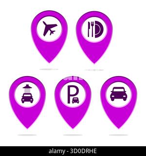 Travel location pins. Airport parking navigation. Vector transport symbols. Purple icons Stock Vector
