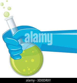 Blue gloved hand holding round-bottom flask with bubbling green liquid, flat vector cartoon style. Stock Vector