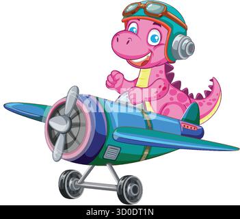 Pink dinosaur wearing aviator helmet piloting blue propeller airplane, colorful vector cartoon illustration Stock Vector