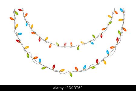 Colorful Christmas hanging garland. Decorative holiday string lights isolated on white background. Vector illustration. Stock Vector