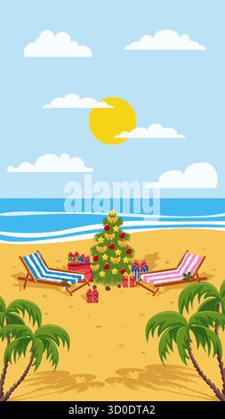 Tropical Christmas on the beach with a decorated tree, gifts, and two deck chairs under a sunny blue sky. Holiday vacation concept. Social media story Stock Vector