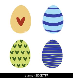 Brightly colored eggs display creative designs and patterns. These eggs feature hearts and stripes, symbolizing spring and the joy of Easter festiviti Stock Vector