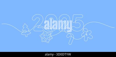 2025 christmas background one line drawing continuous decoration graphic. gingerbread man pinaceae candy cane and snowflake icon symbol element minima Stock Vector
