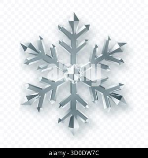 A complex, six-pointed snowflake with sharp, crystalline facets in shades of silver and white with soft shadow on a transparent background. Transparen Stock Vector