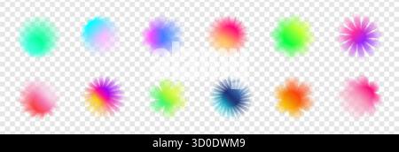 Gradient flower and star shapes with soft blur and grainy Y2K texture. Abstract geometric composition in pink and purple tones. Modern decorative vect Stock Vector