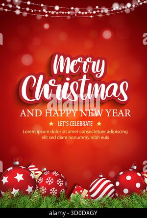 Merry christmas festive greeting card with ornaments red background. Happy new year and christmas celebration poster. Stock Vector