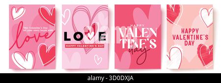 Charming Valentine’s Day Poster Set with Bold Love Text and Heart Illustrations Stock Vector