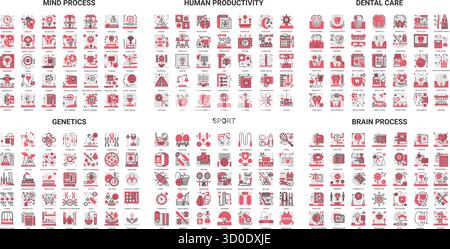 Modern line icons covering mind process, human productivity, dental care, genetics, sport, and brain process for educational and creative projects isolated vector illustration Stock Vector
