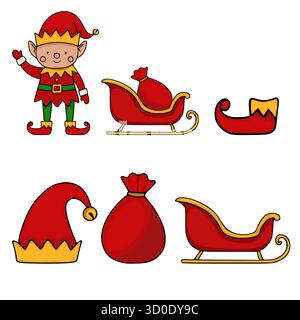 Whimsical vector illustration set featuring a waving Christmas elf, red gift bags, and festive sleighs with golden accents. Stock Vector
