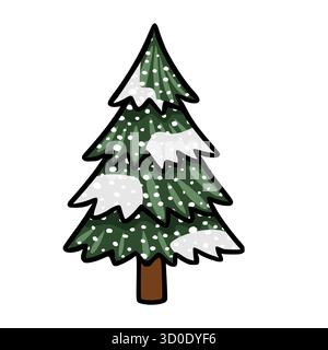 Charming vector illustration of a snow-covered pine tree with white dots, featuring a stylized, cartoonish design and a clean outline. Stock Vector