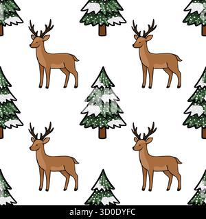 Charming vector seamless pattern featuring adorable deer and snow-covered Christmas trees, perfect for festive holiday designs. Stock Vector