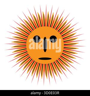 Stylized Sun Face with Sharp Rays in Orange, Red, and Black Tribal Art Style. Stock Vector