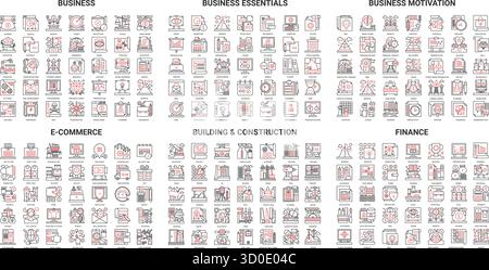 Business finance motivation, online commerce thin red black line icon vector illustration set. Building construction work, success financial development processes website outline symbols collection Stock Vector