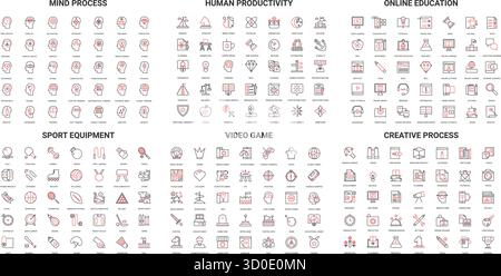 Collection of modern line icons covering mind process, human productivity, online education, sport equipment, video game, creative process, isolated vector illustration Stock Vector