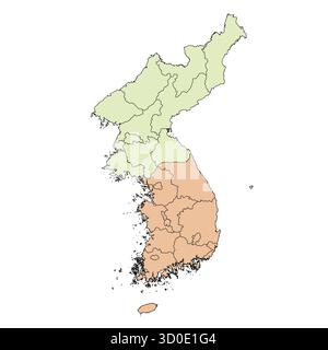 Editable vector silhouette of both North and South Korea, each showing their distinctive administrative divisions. Stock Vector