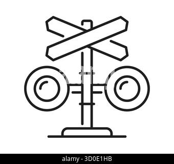 Railroad and railway icon of train and subway rails crossing sign signals, vector line pictogram. Railroad and railway icon, traffic signals for train rails level crossing on car road for subway metro Stock Vector