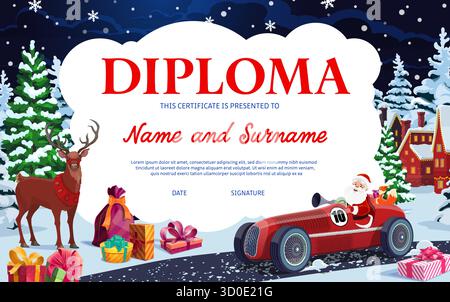 Christmas diploma with Santa in racing car and north deer. Vector holiday certificate template for preschool and children education. Dark blue festive diploma with gifts, pine trees and area for text Stock Vector