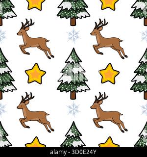 Seamless vector pattern featuring playful reindeer, snow-covered Christmas trees, and glowing stars with delicate snowflakes. Stock Vector