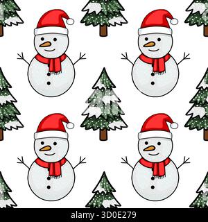 Charming seamless vector pattern featuring cheerful snowmen in Santa hats and snow-covered pine trees, evoking a festive winter holiday mood. Stock Vector