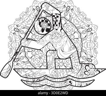 Hand-painted art design on mandala for coloring. Hand drawn illustration Icon Canoe sprint for t-shirt and other decoration. Stock Vector