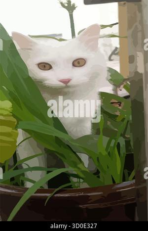 Clean and balanced vector artwork of a white cat with yellow eyes, surrounded by tropical green plants. With a subtle beige background and smooth shad Stock Vector